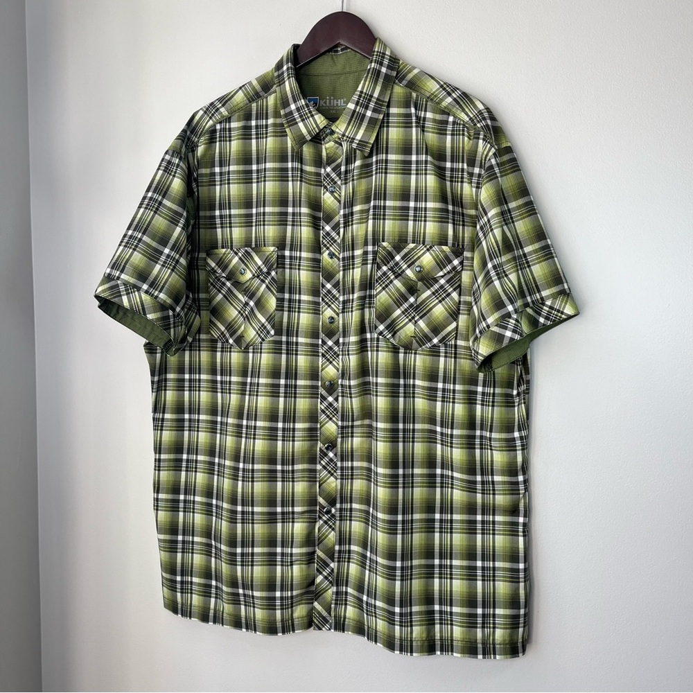 KUHL Men's XXL Green Plaid Pearl Snap ELUXUR Short Sleeve Shirt GORPCORE- FLAWED - Picture 16 of 16